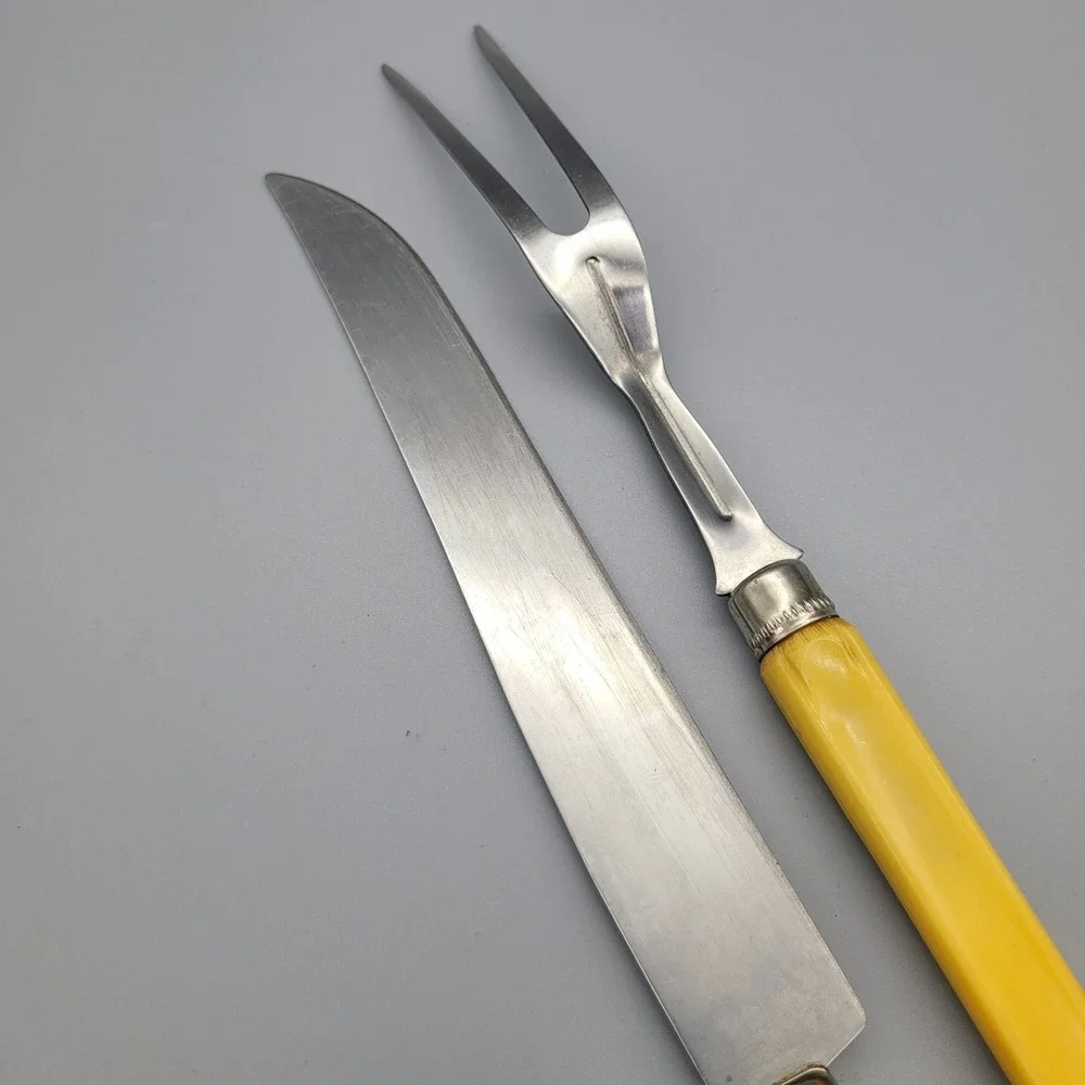 Vintage Stainless Steel‎ Carving Set 2pc Knife and Fork Yellow Fluted Handles